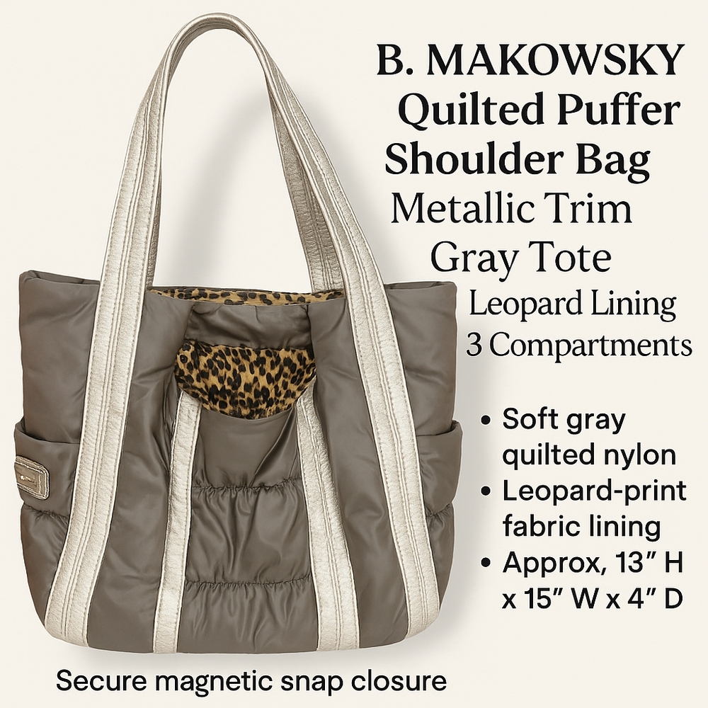 B. Makowsky Quilted Puffer Shoulder Bag Metallic Trim Gray Tote Leopard Lining
